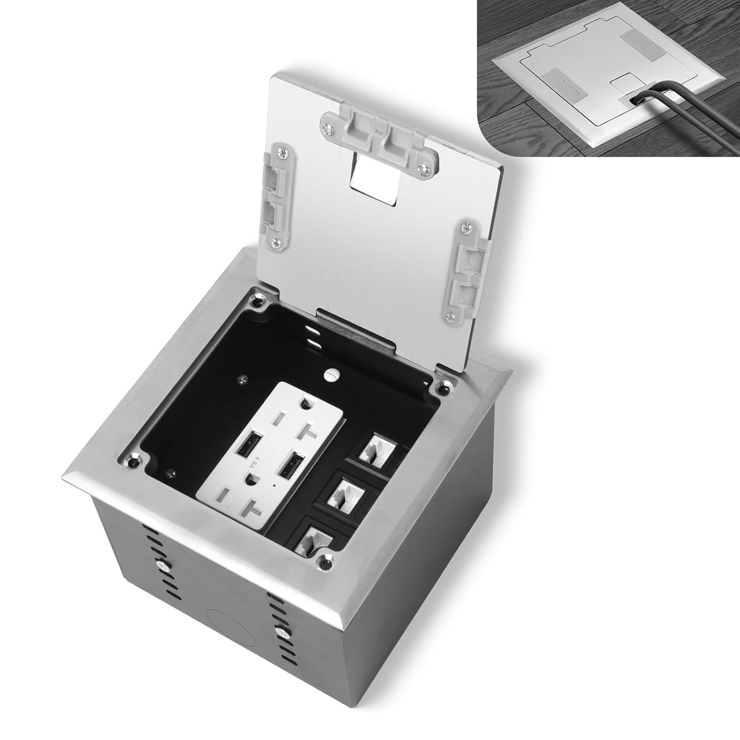 KYHSHJ Recessed Flat Hidden Socket Kit with 2 * 20A Receptacle，4.8A*2 USB-A Ports +3-Port RJ45 Datacom Receptacle. Internal Height Adjustable，Corrosive Resistant Hardware,Silver