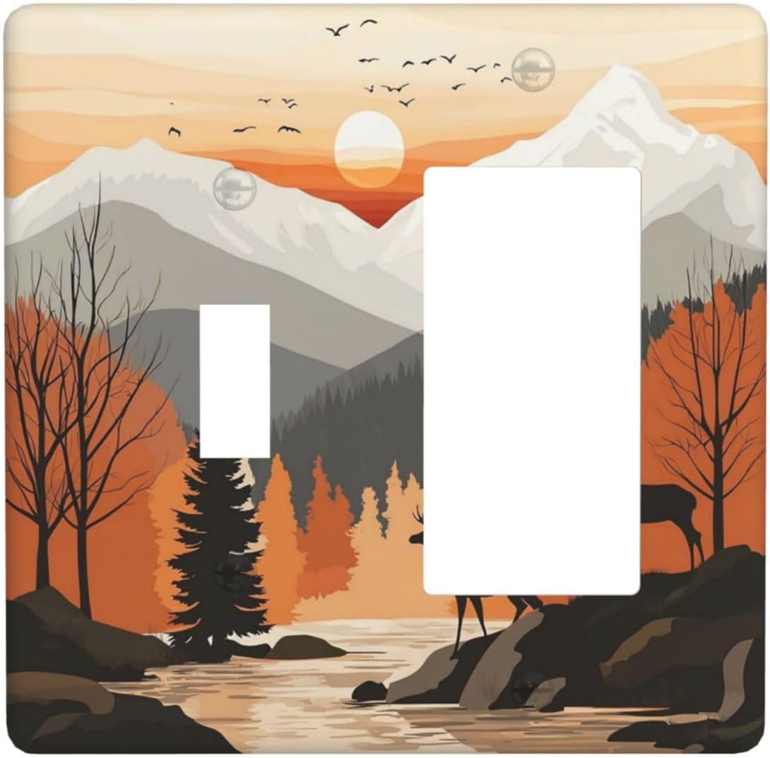 Sun Forest Deer Snow Mountain River Outlet Covers 1 Toggle 1 Rocker Combination Decorative Wall Plate Electrical Switch Plates Light Switch Cover Plate For Bed Room Living Room Decor