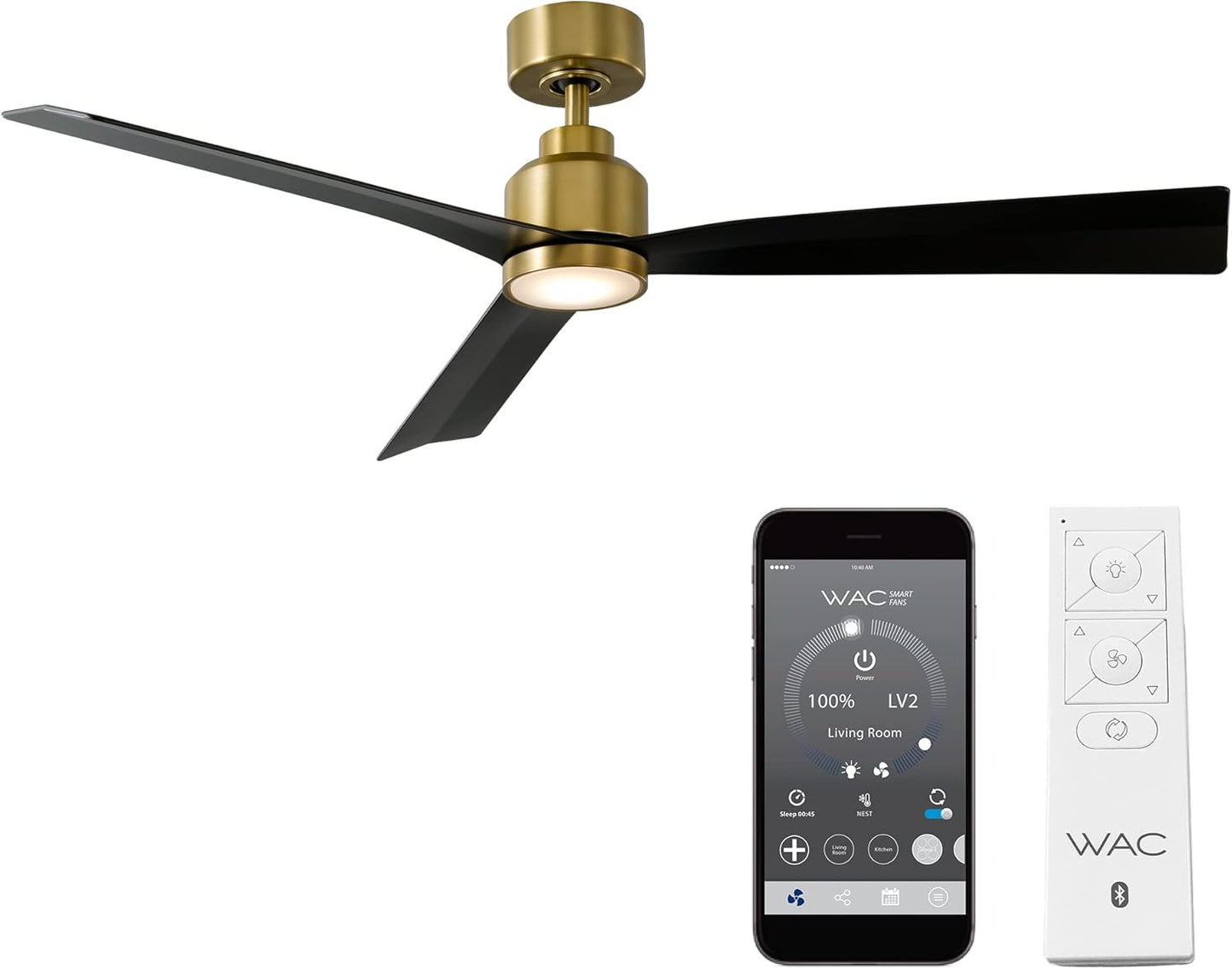 WAC F-003L-SB/MB Clean 52" Outdoor Ceiling Fan with LED Lights and Remote, Soft Brass Matte Black