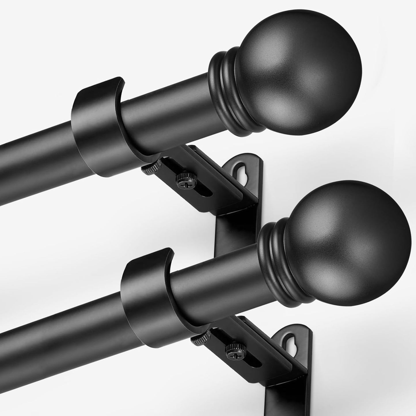Curtain Rods for Windows 16 to 48 Inches, Curtain Rod Max Adjustable Length of 60 IN, 6/8" Diameter Drapery Rods Round Finials, Black, Pack of 2
