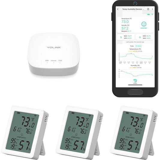 YoLink Indoor Thermometer Hygrometer 3-Pack YS8023 with LCD Comfort Display, Magnetic Mount for Kitchen Use, Max/Min Tracking, LoRa, 5-Year Battery, Alexa/IFTTT, Hub Included
