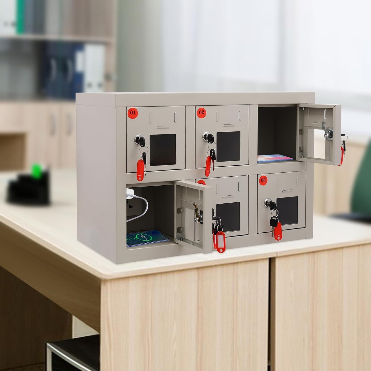 6 Door Cell Phone Locker with Charging Station, Rechargeable Mobile Device Phones Storage Cabinet with Anti-Interlocking Lock for Office Classroom Hotel (6 Slots)