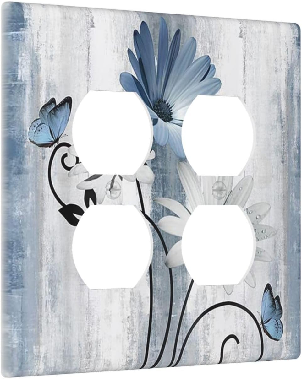Decorative Outlet Covers Rustic Blue White Daisy Ink Flower 2 Gang Light Switch Cover Plate Double Duplex Wall Plates for Electrical Outlets Switch Plate Covers for Bedroom Home Decor