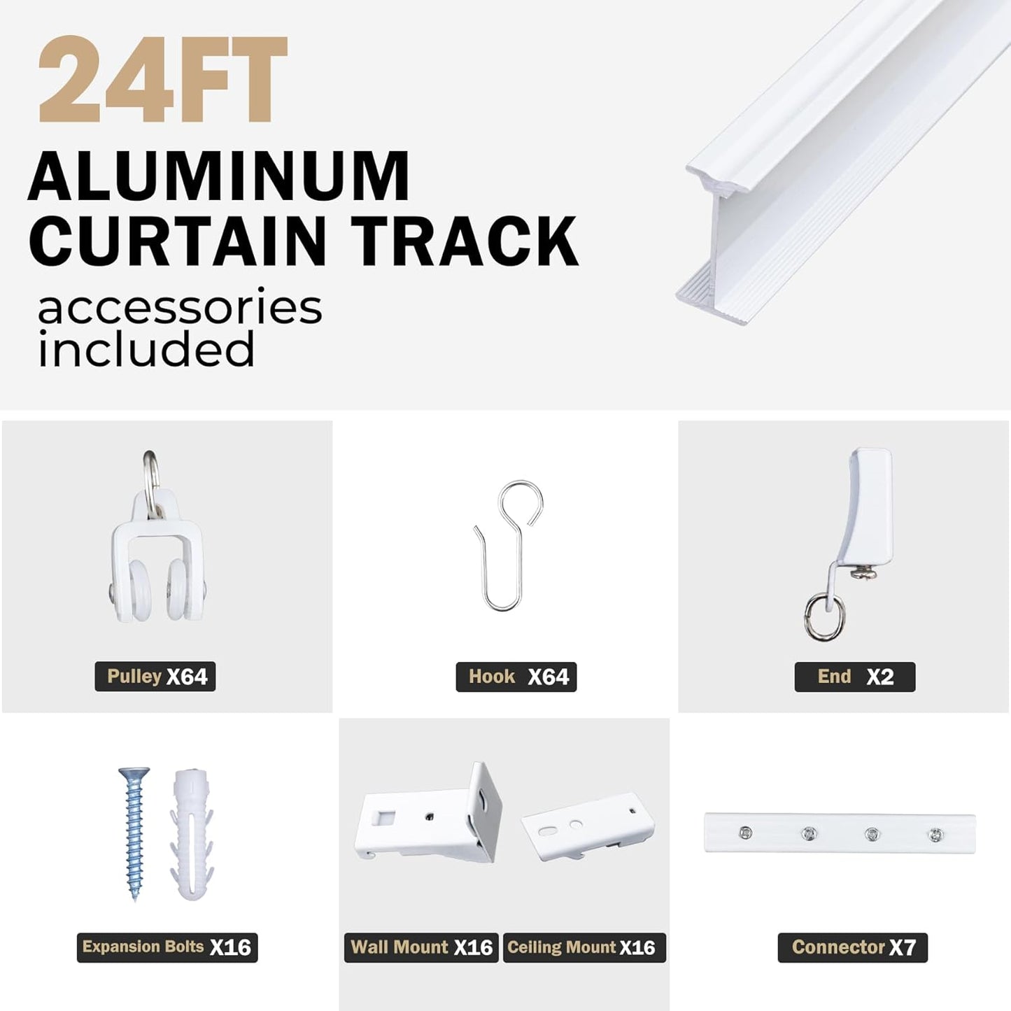 Aluminum Ceiling Curtain Track Set with Hooks Ceiling Mount and Wall Mount Room Divider Sliding Curtain Tracks Rods Flexible Heavy Duty Curtain Rail Hook Sets,White,24FT