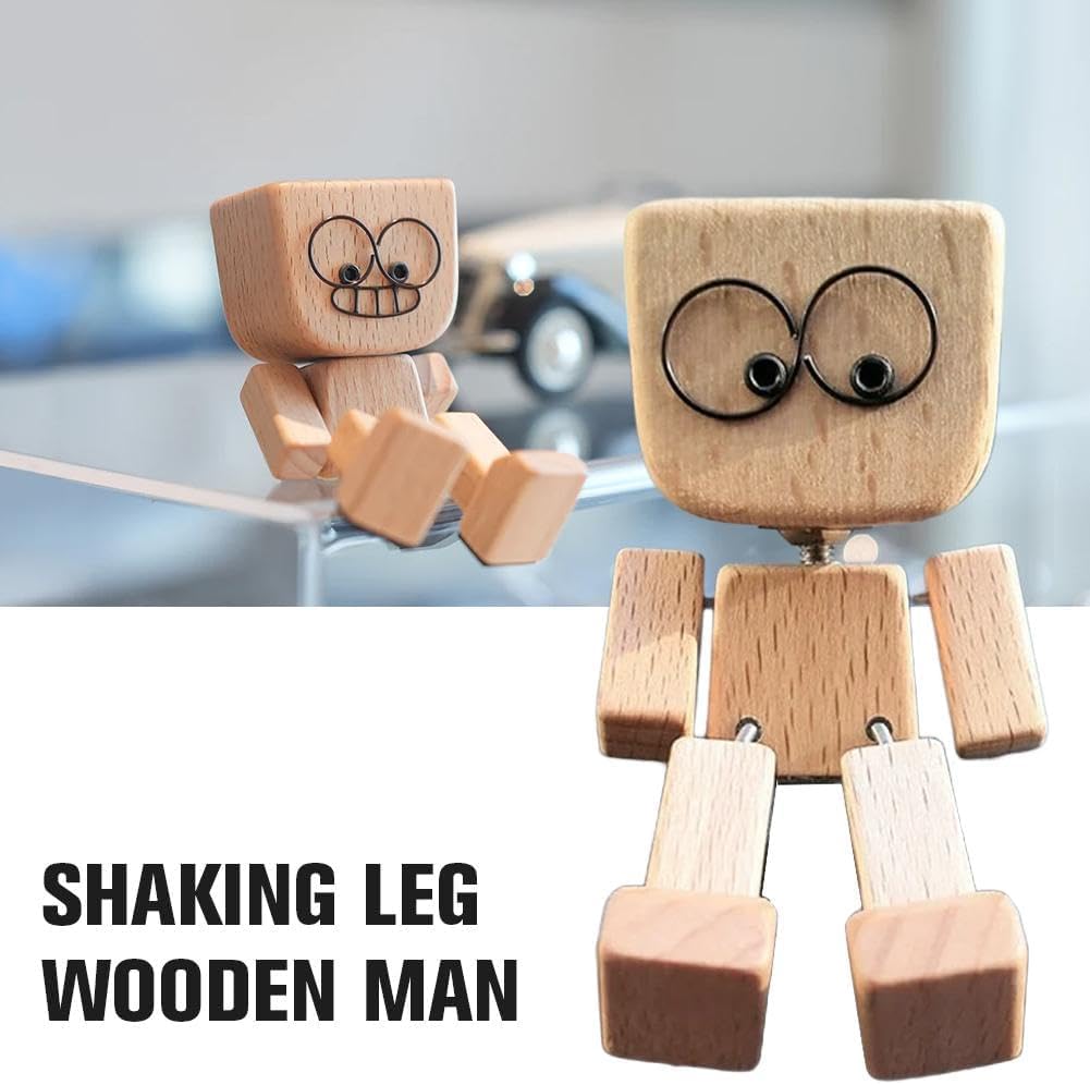 Shaking Wooden Man Doll with 12 Magnetic Changeable Faces - Handmade Shaking Wooden Man Figurine for Car Dashboard, Desk, Office Decor