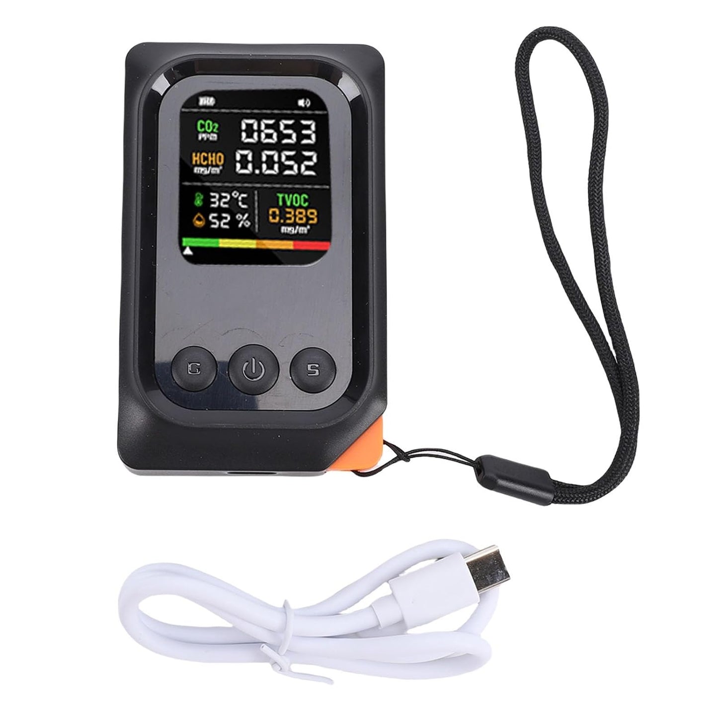 5 in 1 Air Quality Detector, CO2 TVOC HCHO Temp Humid Monitor Rechargeable Battery Voice Alert for Home Office Travel