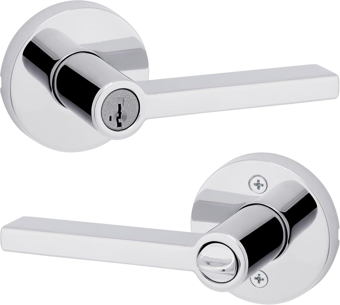 Kwikset Halifax Entry Door Handle with Lock and Key, Secure Round Keyed Reversible Lever Exterior, For Front Entrance and Bedrooms, Polished Chrome, Pick Resistant Smartkey Rekey Security and Microban