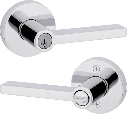 Kwikset Halifax Entry Door Handle with Lock and Key, Secure Round Keyed Reversible Lever Exterior, For Front Entrance and Bedrooms, Polished Chrome, Pick Resistant Smartkey Rekey Security and Microban