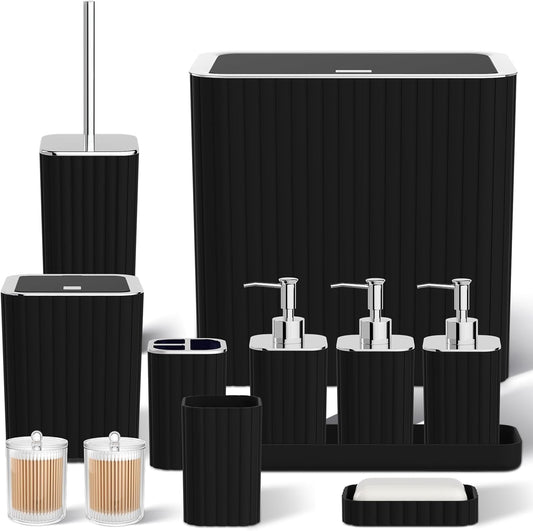 Bathroom Accessory Set - Bathroom Set, 12PC Bathroom Accessories Set, Black Bathroom Accessories Set, Mini Trash Can, Toilet Brush, Trash Can & Soap Dispenser