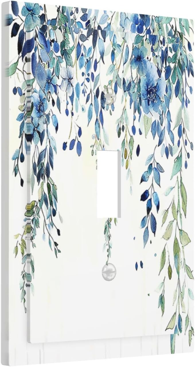Decorative Light Switch Cover Boho Vintage Flowers Blue Green Sage 1 Gang Single Toggle Device Electrical Faceplate Switchplates Decorator Outlet Wall Plate for Bedroom Farmhouse Decor