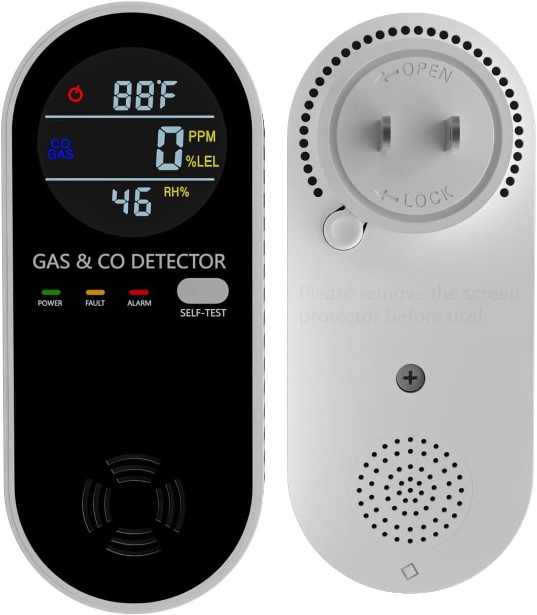 Natural Gas Detectors &Plug in Carbon Monoxide Detector， 4 in 1 Co and Gas Detector Temp Humidity Monitor，Propane, LPG, Gas Detector for Home，Kitchen,Hotels，RV.（1 Pack）