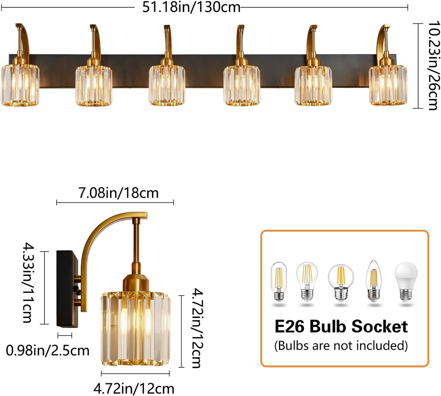 6-Light Crystal Vanity Light, Black Gold Modern Wall Sconce with K9 Crystal Shades, 51.18" Long Over Mirror Lighting for Bathroom, Makeup, Hallway, Elegant & Easy Install