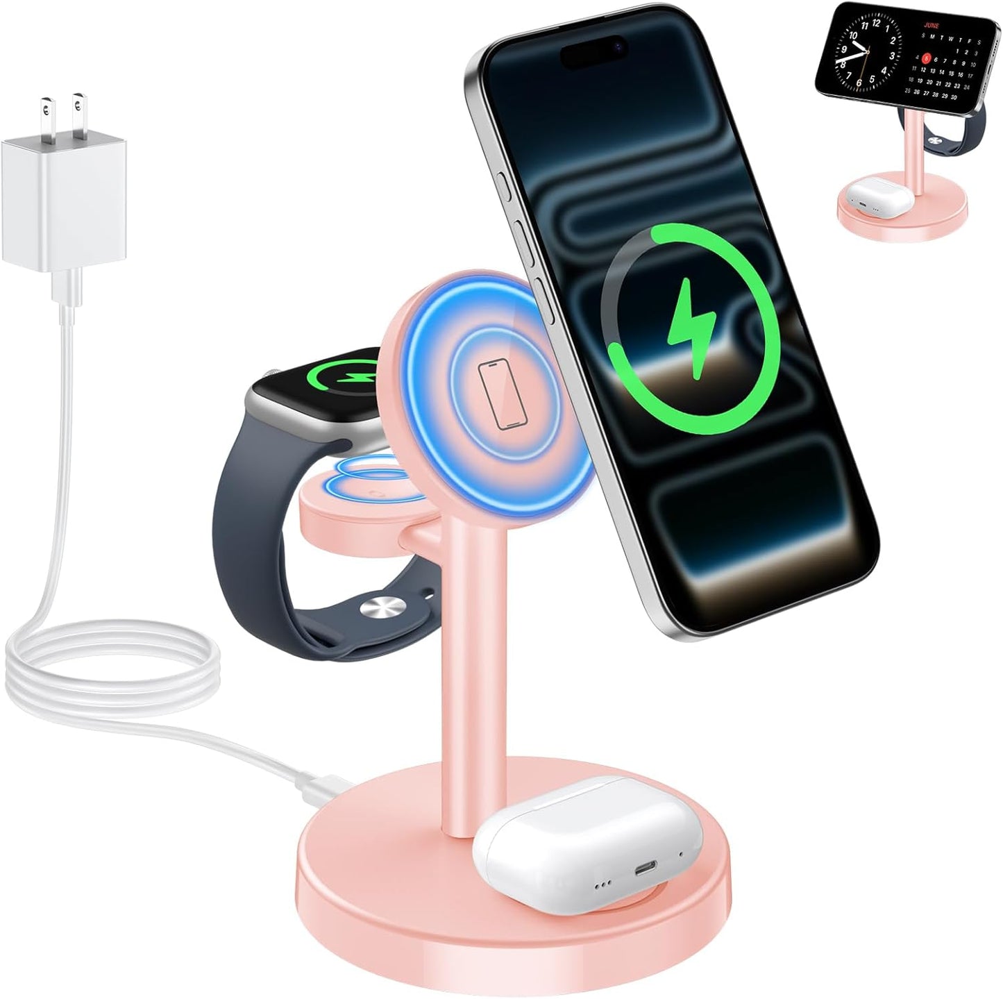 2025 3 in 1 Wireless Charging Station Compatible with MagSafe, 15W Fast Magnetic Mag-Safe Charger Stand for Apple iPhone 17 16 15 14 13 12 iWatch AirPods Pro 4 3 2, Pink