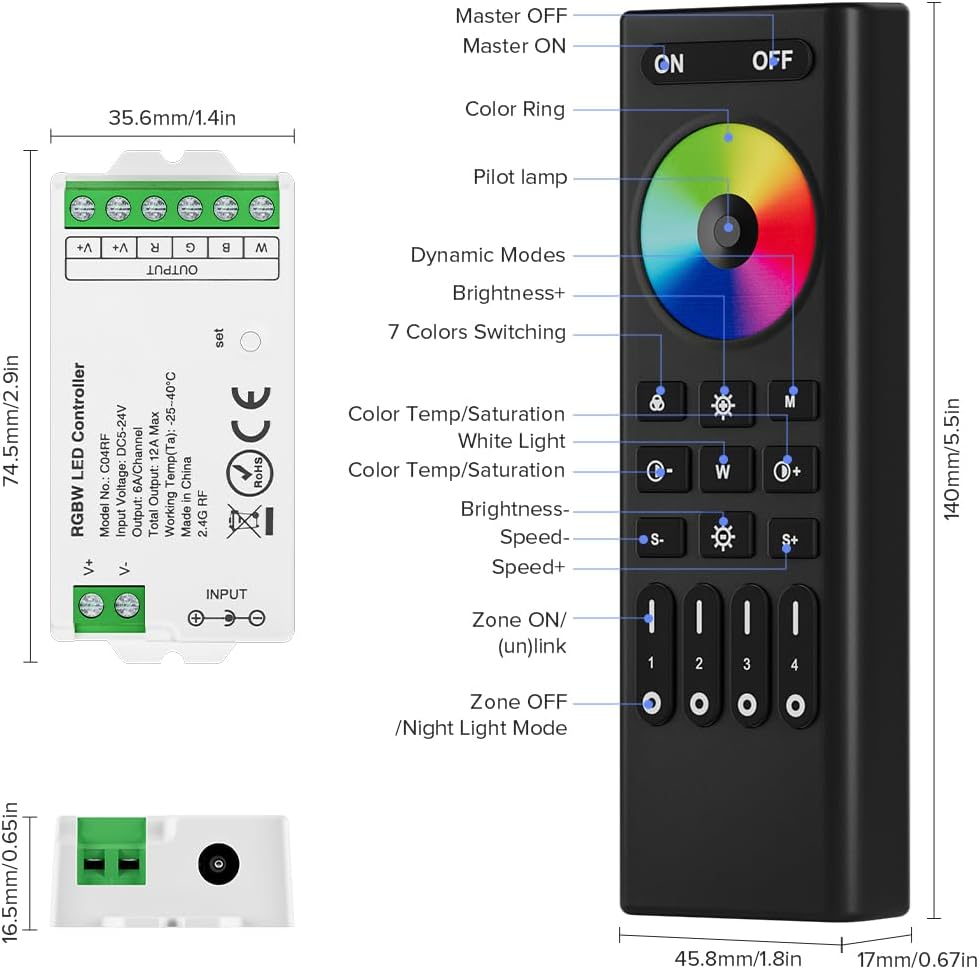 BTF-LIGHTING 2.4GHz Wireless RF Remote RC03RFB &3PCS C04RF Tuya Controller Kit 4 Zones Group Control 5050SMD FCOB COB PWM RGBW (+ R G B W) 5pin LED Strip DC5V DC12V DC24V