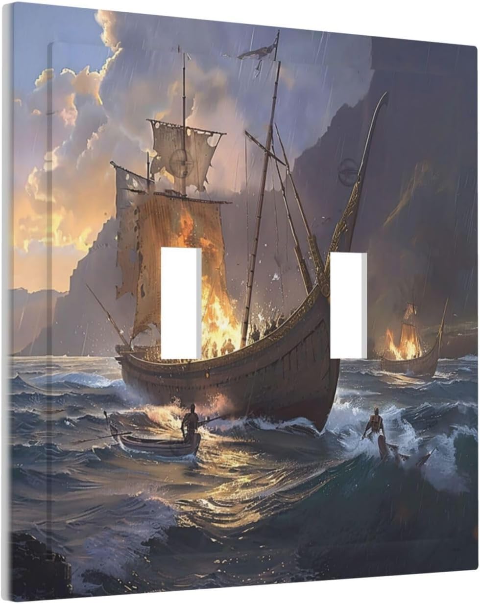 Decorative Switch Plate Covers Medieval Vintage Sailing Adventure Sailings Ocean Waves 2 Gang Double Toggle Light Switch Cover Plate Electrical Wall Plate Outlet Cover for Bedroom Cabin Decor