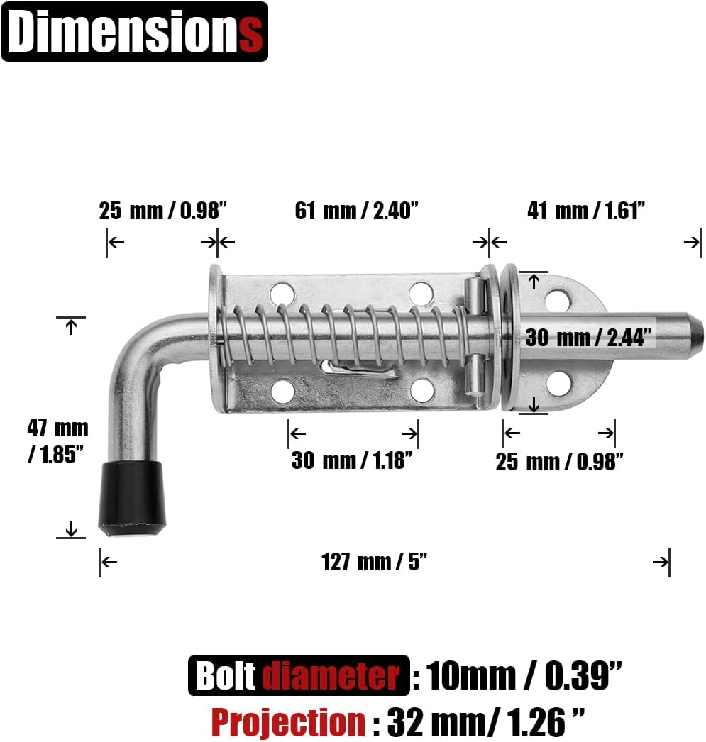 JQK Spring Loaded Latch Pin, 304 Stainless Steel Barrel Bolt Thickened 2mm Door Lock, 5 Inch Black (1 Pack), HSB300-BK