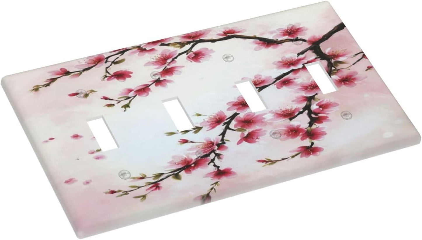 Branch with Pink Flowers Light Switch Covers Quad Toggle 4 Gang Wall Plate Decorative Switchplate Electrical Faceplate for Farmhouse Bathroom Living Decor