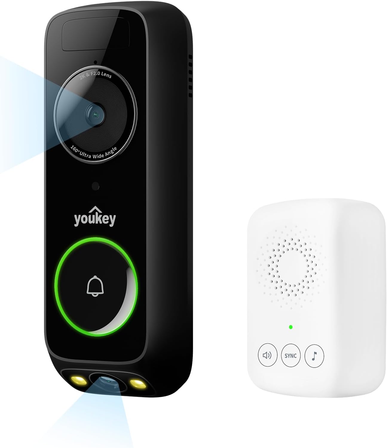 youkey Doorbell Camera Wireless with Chime, No Monthly Fee, 2K Battery Doorbell with Head-to-Toe Video, Package Detection, 2.4/5GHz WiFi-6, Built-in 8Gb Storage, Two-Way Talk, Color Night Vision,DB312