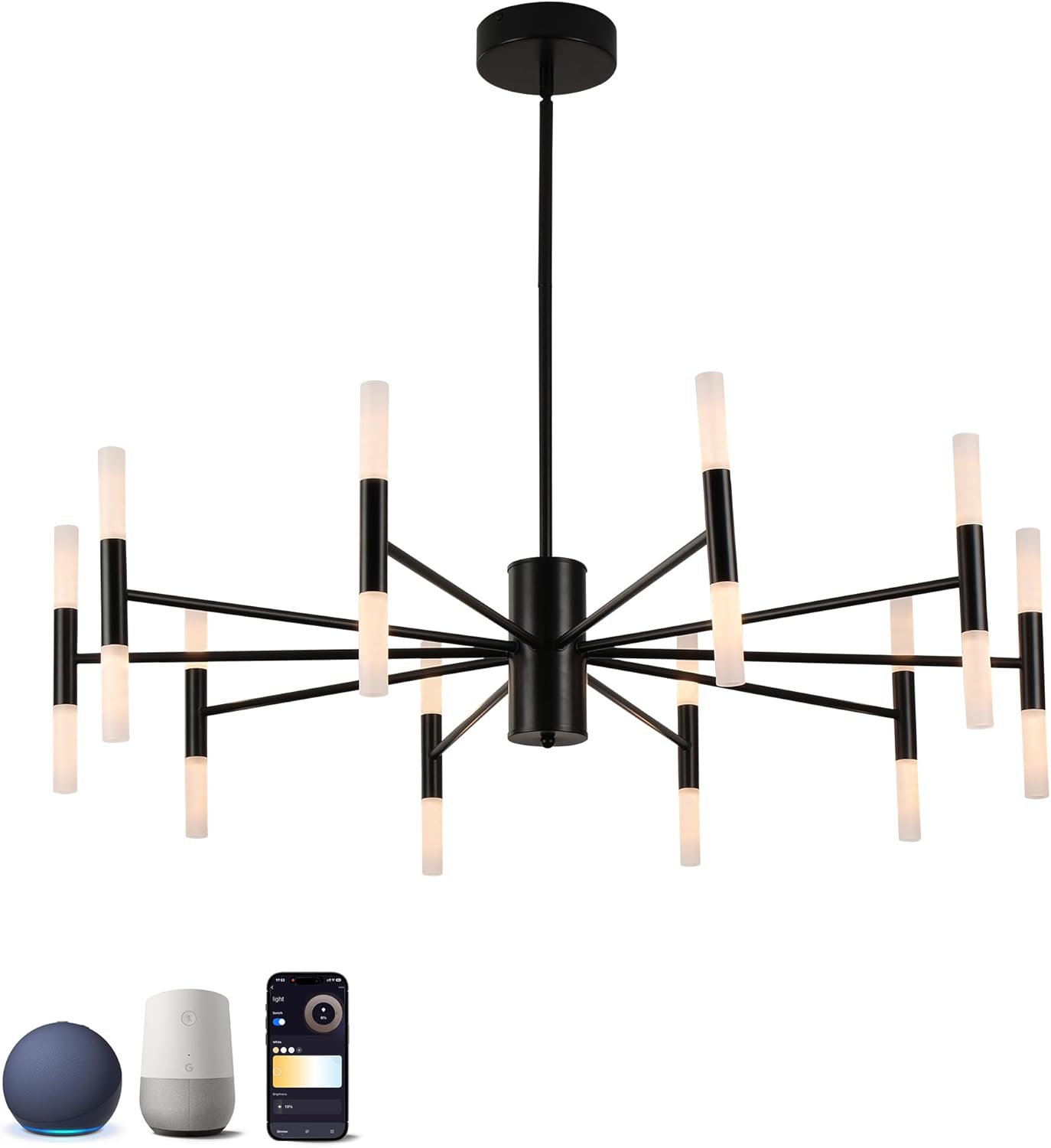 Modern Sputnik Chandelier Mid Century Black Chandeliers for Dining Room Living Room Kitchen Bedroom Support APP Voice Control Dimmable Smart LED Light Fixture(GB1337YY20-BK)
