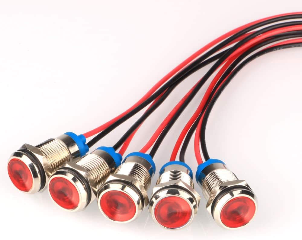 5pcs 10mm LED Metal Indicator Light AC/DC 12-24V Waterproof Signal Lamp Pilot Dash Directional with Wire(Red)