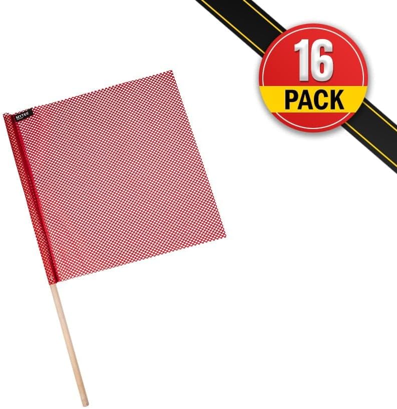 Mytee Products (16 Pack) 18"x18" Red Safety Flags for Truck Loads w/Dowel - DOT Compliant Jersey Mesh Warning Flags on Stick for Oversize Wide Load, Construction, Road Traffic, Pedestrian Signs