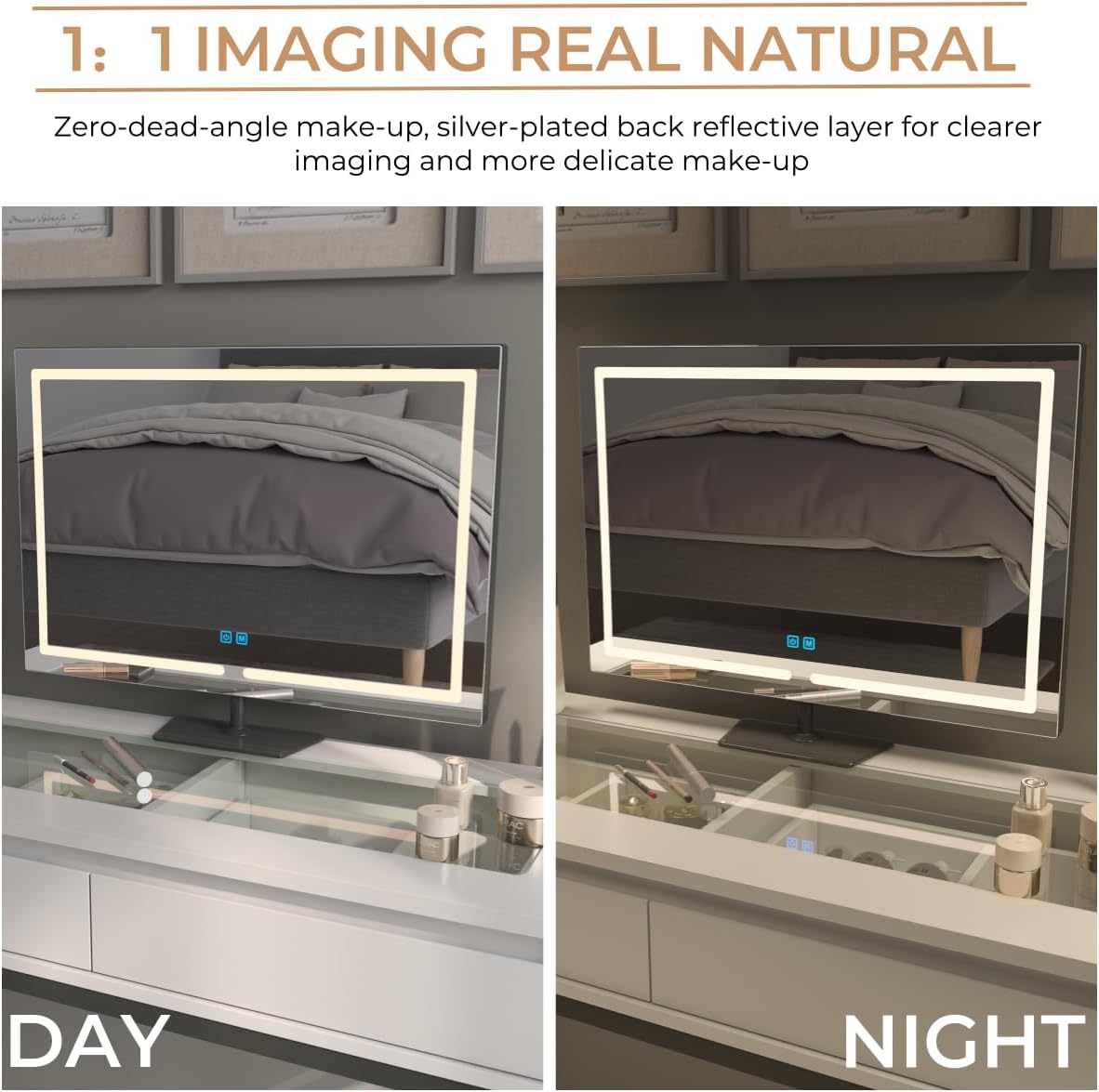 Vanity Mirror with Lights, 23.27 x 17.7 Inch LED Makeup Mirror, Lighted Makeup Mirror with Dimmable 3 Modes, Smart Touch Control, Aluminum Frame and Tempered Glass Base, Dark Gray