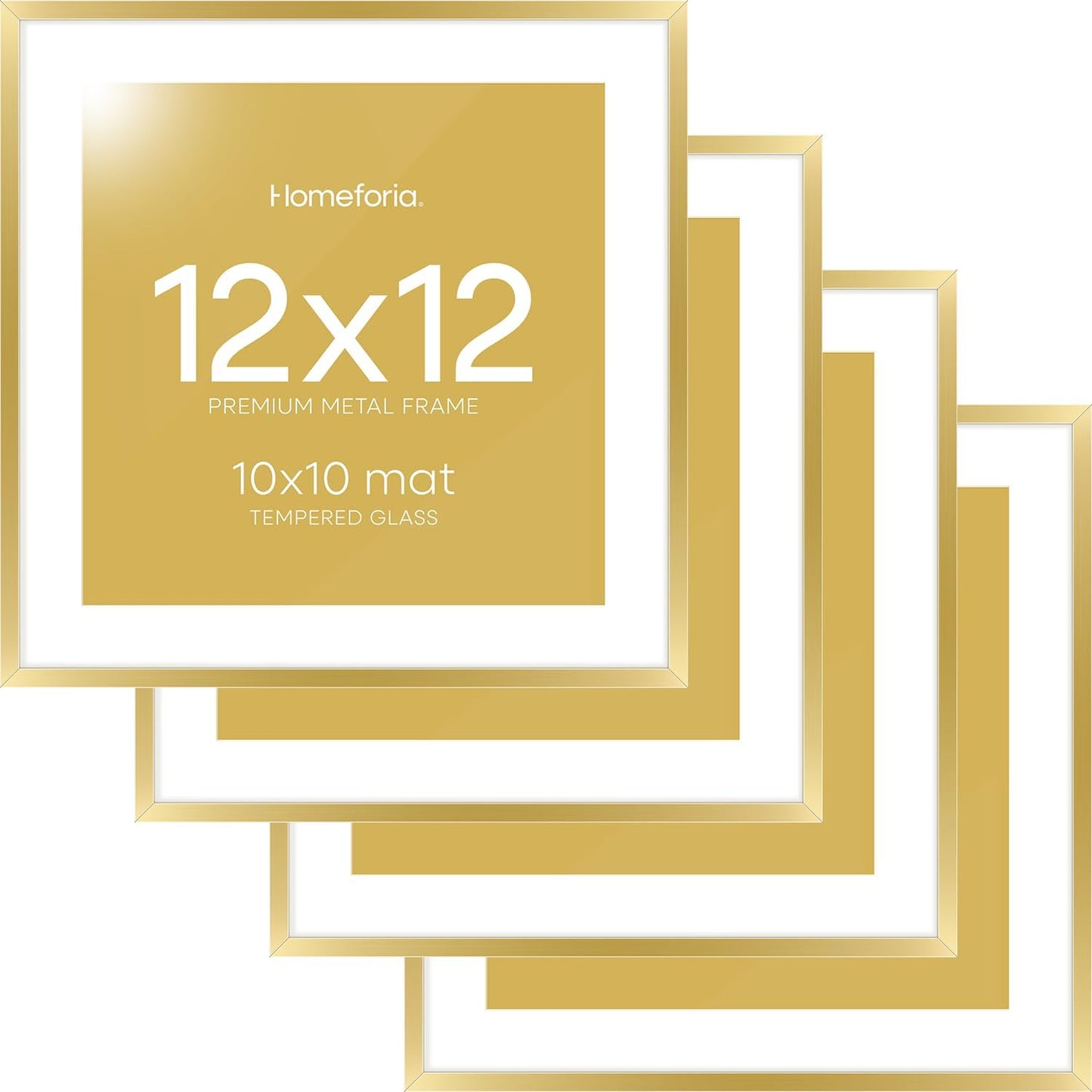 Homeforia 12x12 Picture Frame Gold, High End Metal 12 x 12 Square Poster Frame with Mat 10 x 10 Photo, 12x12 Frame Matted to 10x10 Print, 12by12 Gold Hanging Frames, Tempered Glass, Wall Kit, Set of 4