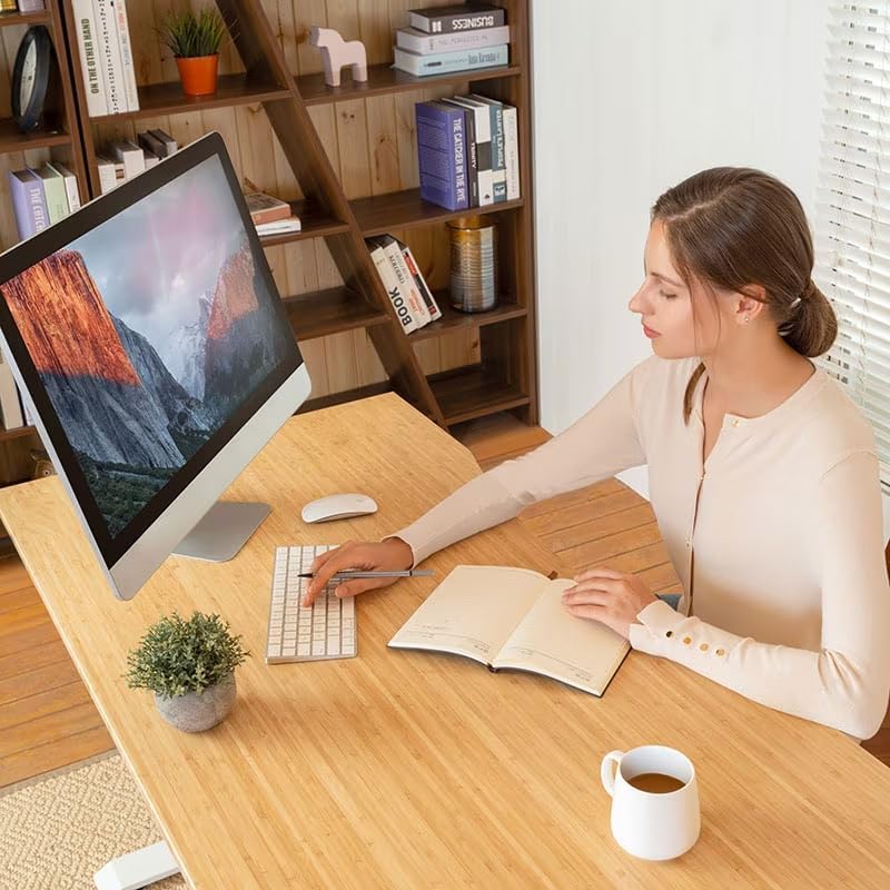 FLEXISPOT EN1 Bamboo Standing Desk, 60 x 30 Inches Whole-Piece Electric Adjustable Height Sit Stand Desk - Silver Frame + Bamboo Curved Desktop (2 Packages)