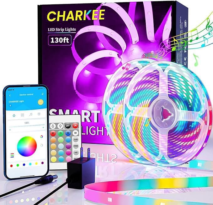 CHARKEE 130ft LED Strips Lights (65.6ft*2) Full Color Sync Music, Dimmable and Color Changing RGB LED Strip Lights, 24 Volt Bluetooth Flexible LED Lights for Bedroom,Family,DIY(Smart App+Remote)