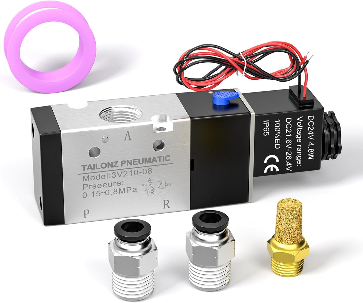 TAILONZ PNEUMATIC 1/4"NPT Solenoid Valve 3V210-08 24V Single Coil Pilot-Operated Electric 2 Position 3 Way Connection Type(Outlet wire)
