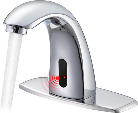 Touchless Bathroom Sink Faucets, Automatic Motion Sensor Sink Faucet with Hole Cover Deck Plate, Chrome Faucet for Bathroom Sink