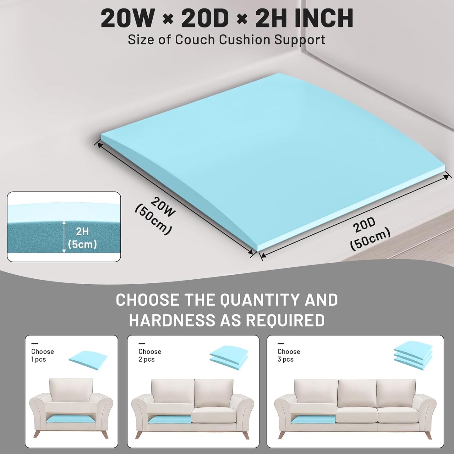 Couch Cushion Support, Sofa Cushion Support for Sagging Couch Seat, 20x20x2in, Couch Replacement Insert, High Density Foam Furniture Seat Sagging Repair, Trapezoid 40D, Blue Set of 3