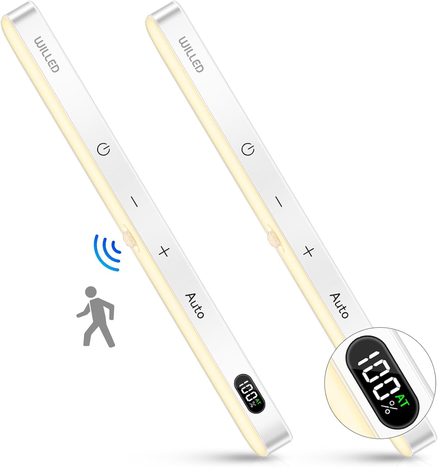 WILLED 3000K Closet Lights Motion Sensored, Battery Display, 60 LED Touch Light Bar, Motion Sensor Light Indoor, Under Cabinet Lights Rechargeable, Stick on Lights for Closet, Kitchen, Hallway, 2 Pack