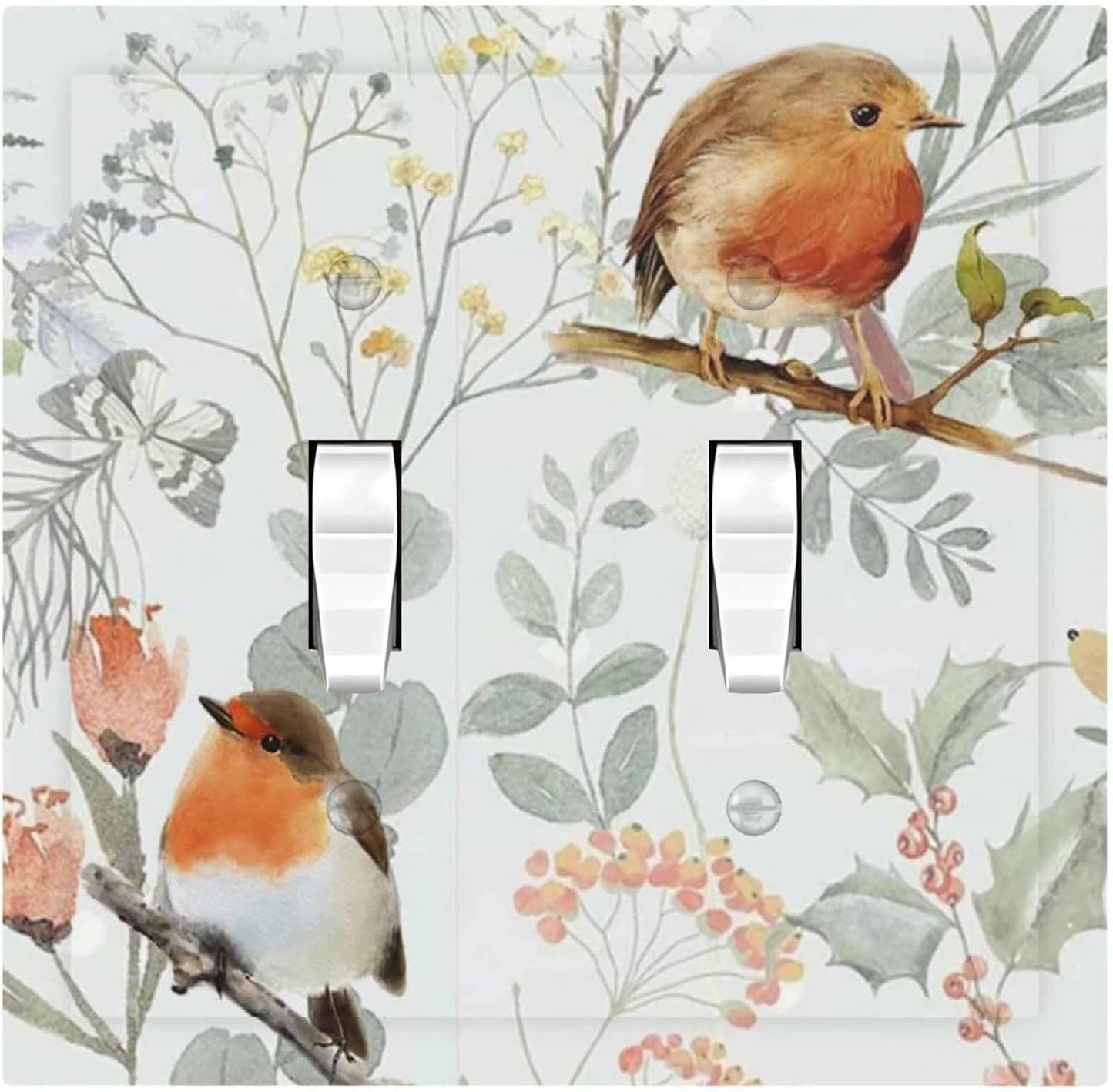 Decorative Switch Plates Red Floral Berries Colorful Bird Plant 2 Gang Double Toggle Outlet Light Switch Cover Wall Plate Electrical Faceplate For Bed Room Living Room Decor