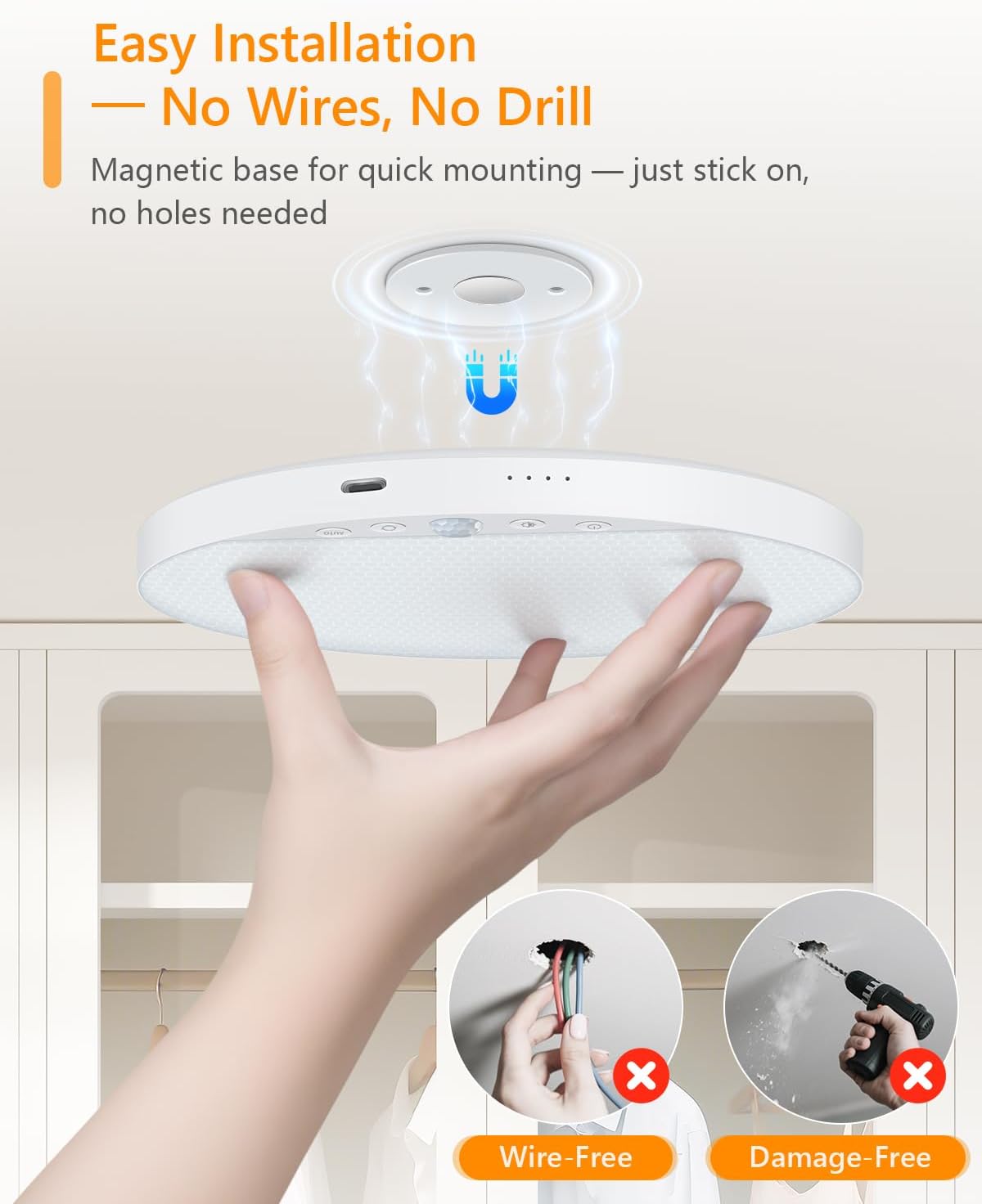 Rechargeable 8W Motion Sensor Ceiling Light Indoor, No Wiring & Magnetic Stick-On, Remote Control for Color & Brightness, Battery Operated Light for Shower, Closet, Bathroom, Pantry, Hallway, 2-Pack