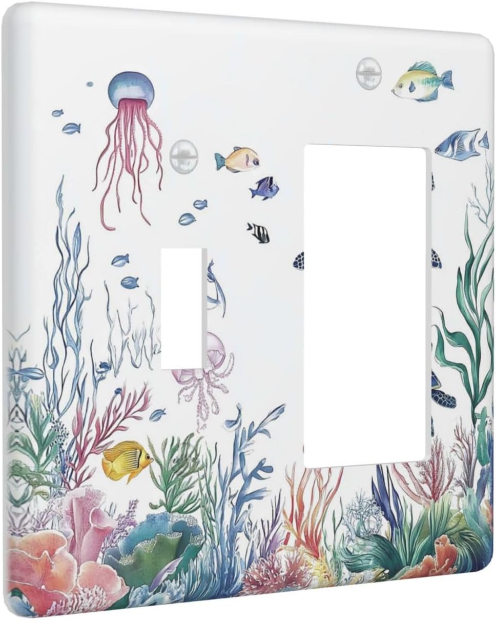 Blue Sea Turtle Ocean Fish Octopus Coral Outlet Covers 1 Toggle 1 Rocker Combination Decorative Wall Plate Electrical Switch Plates Light Switch Cover Plate For Bathroom Kids Room Decor