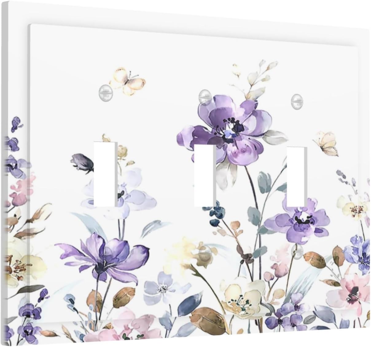 Decorative Switch Plates Purple Floral Lilac Watercolor Flower Leaves Butterfly Wildflower 3 Gang Wall Plate Faceplate Triple Toggle Light Switch Cover Electrical Wall Panels for Bedroom Home Decor