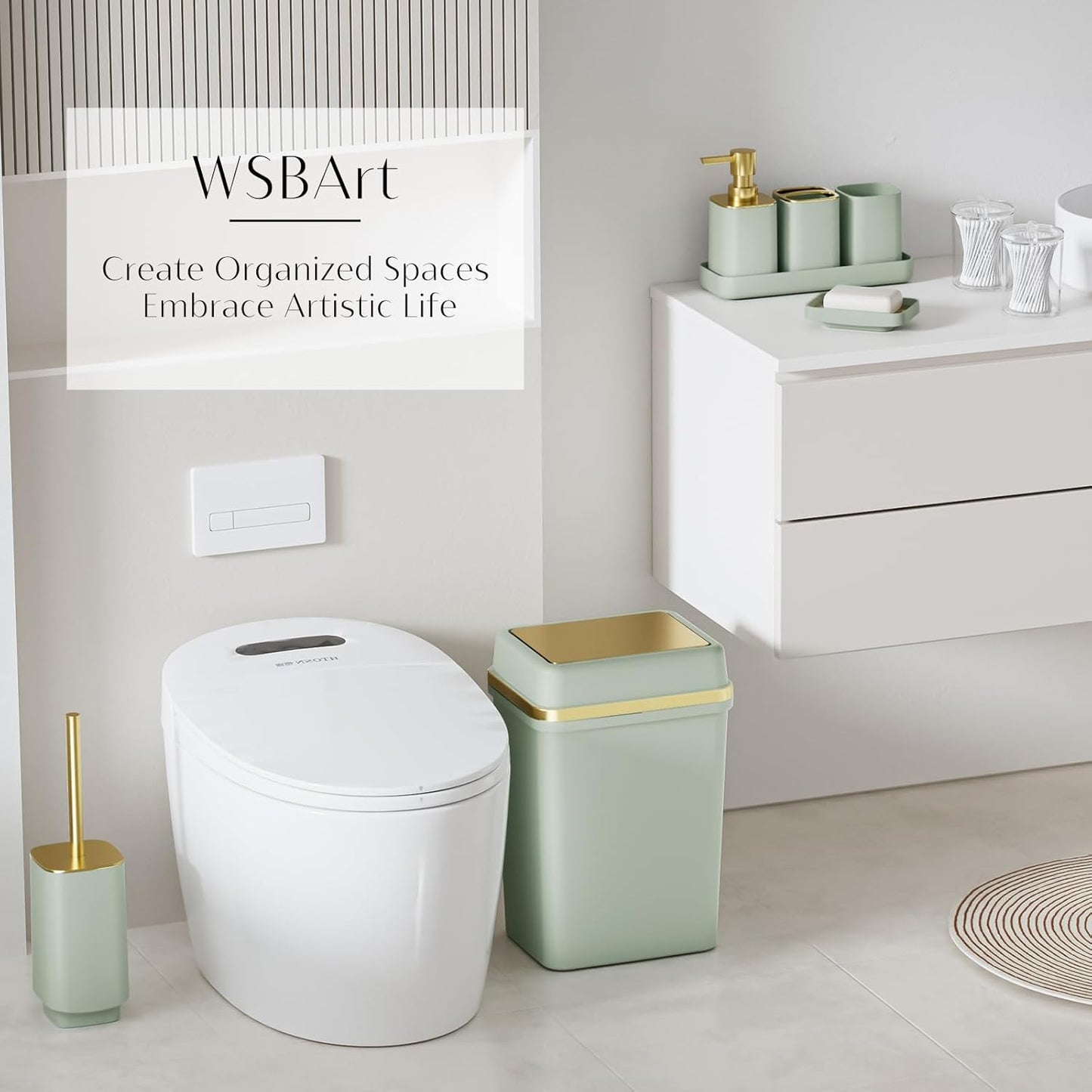 9PCS Bathroom Accessory Set, Green Bathroom Set with Large-Capacity 4 Gallon Trash Can, Bathroom Accessories Set Complete, Toothbrush Holder, Soap Dispenser, Toilet Brush, Bathroom Decor