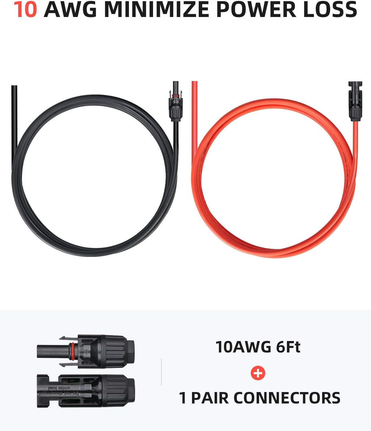 BougeRV 6 Feet 10AWG Solar Extension Cable with Female and Male Connector with Extra Pair of Connectors Solar Panel Adaptor Kit Tool (6FT Red + 6FT Black)