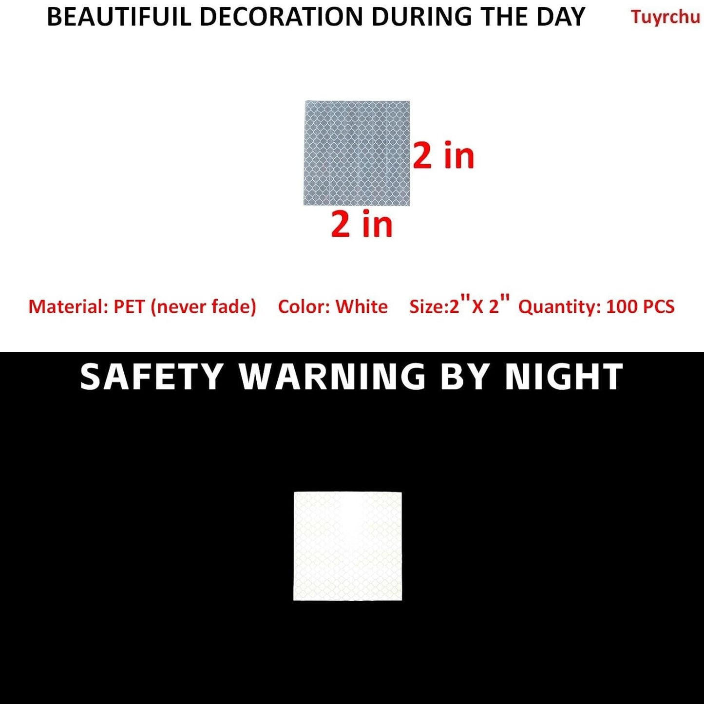 Non Fading White Reflective Stickers 2 inch X 2 inch, Outdoor Waterproof High Visibility Warning Safety Adhesive Reflector Tape (100 Pcs)