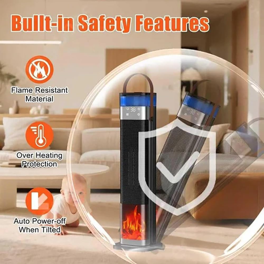 Tower Heater for Bedroom with Thermostat, Spray Humidification, 3D Simulated Flame, 3 Heating Modes, 12H Timer, 360°Protection, Portable Battery Powered Heaters for Indoor Use Large Room & Office