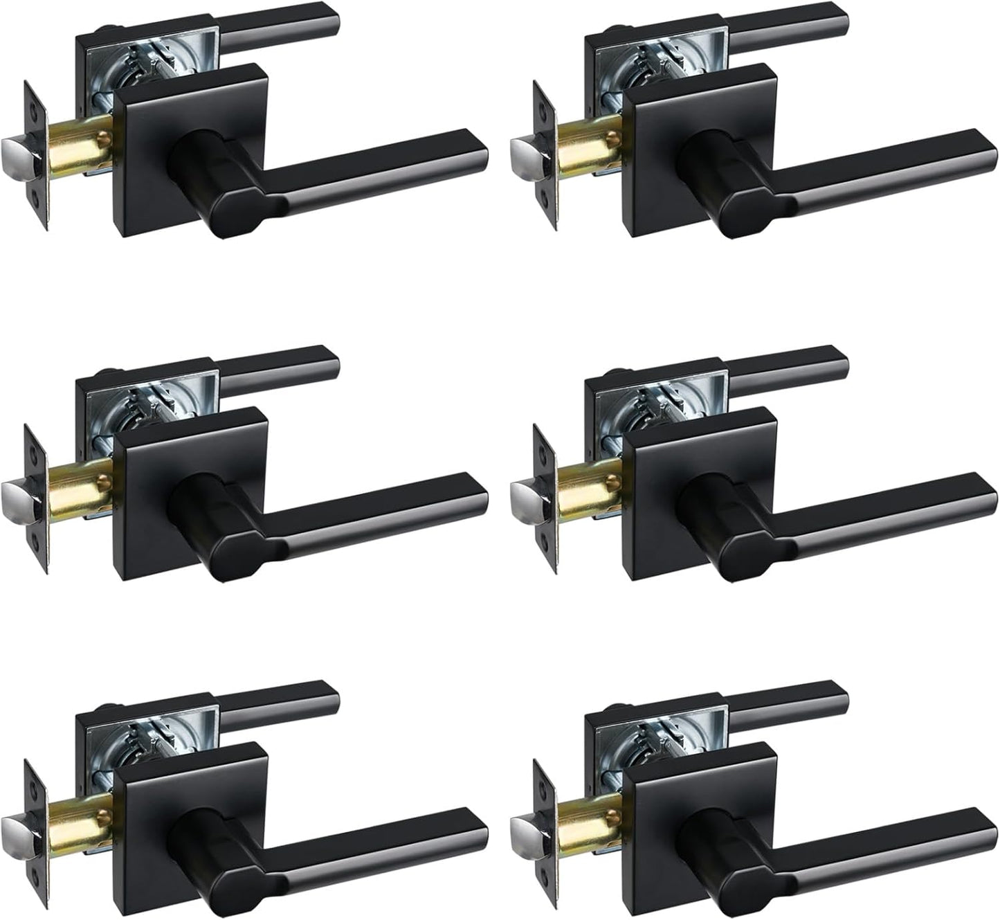 Passage Door Lever (No Lock), Heavy Duty Interior Square Handle for Hallway and Closet, Matte Black, Reversible for Right&Left Handed, 6Packs