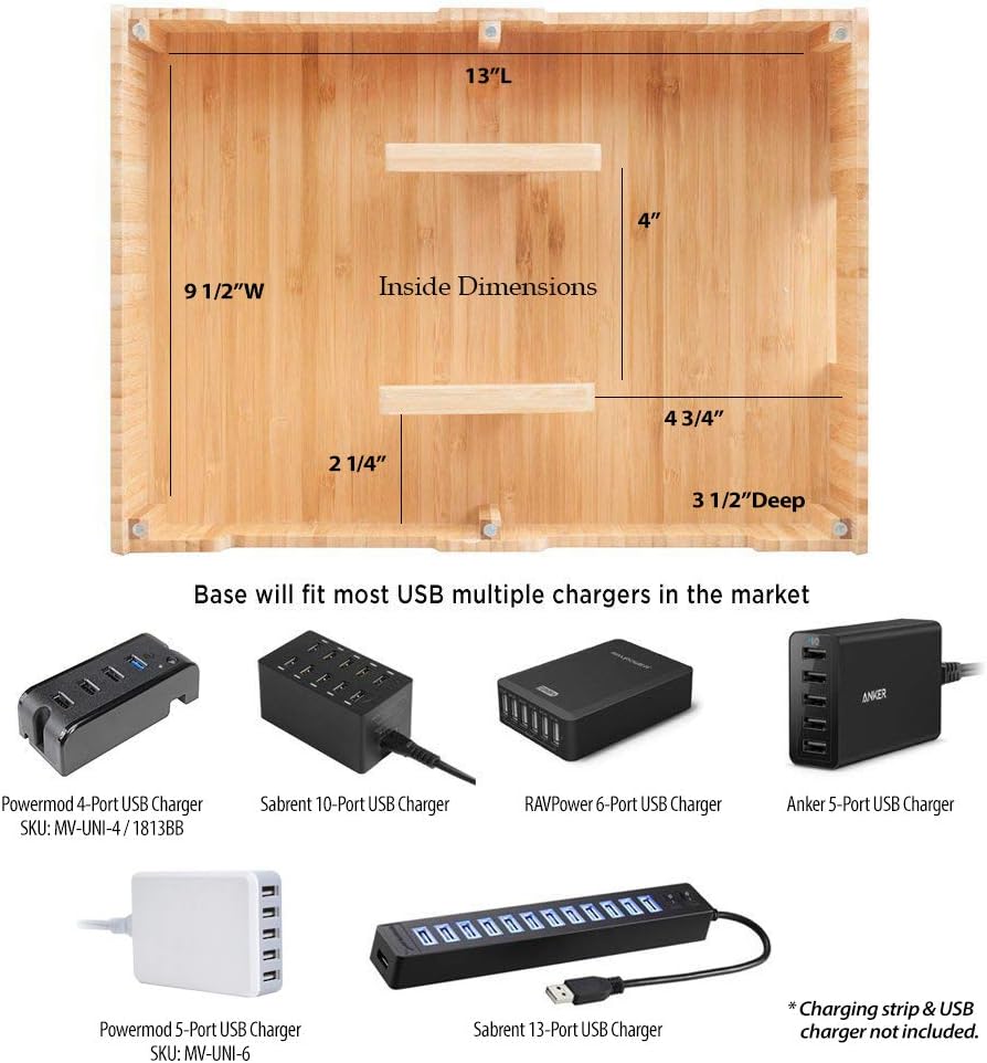 MobileVision Bamboo 10-Port Charging Station Plus 2 Caddy Add-On Combo to hold pens keys and extra storage