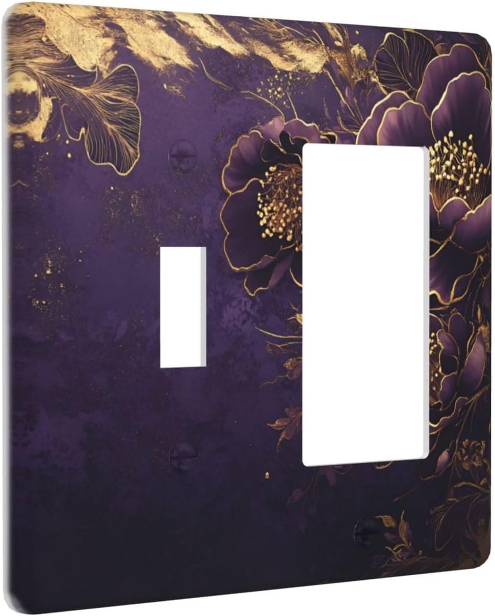 Decorative Outlet Covers Vintage Purple Peony Gold Leaf Flowers Floral 2 Gang 1 Gang Wall Plate Cover Single Toggle Rocker Combination Light Switch Cover Plate Jumbo Switch Cover Plate