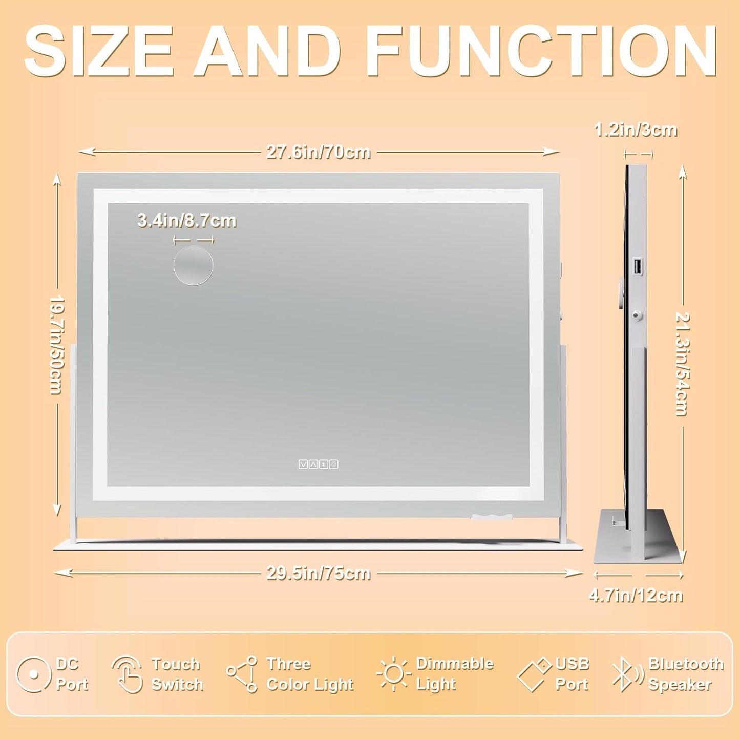 Hasipu Vanity Mirror with Lights and Bluetooth Speaker, 29.5" x 21.3" LED Makeup Mirror, Light up Mirror with 10X Magnification, USB Charging Port, Smart Touch 3 Colors Dimmable (White)