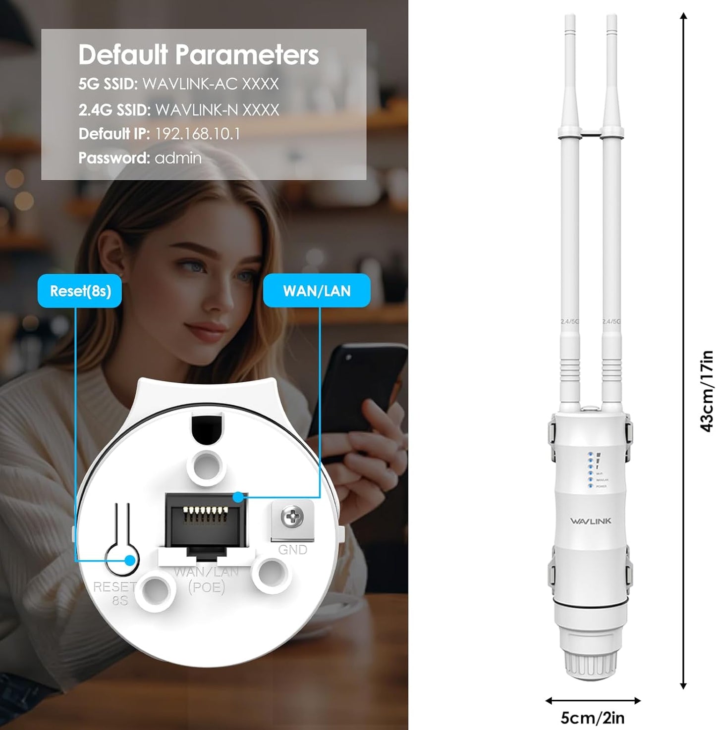 AC1200 WAVLINK Outdoor WiFi Extender, Weatherproof Outdoor WiFi Repeater Extender Signal Booster with POE, Dual Band 2.4/5GHz, Support AP/Repeater/Router Mode, for Yard/Patio/Rural Areas