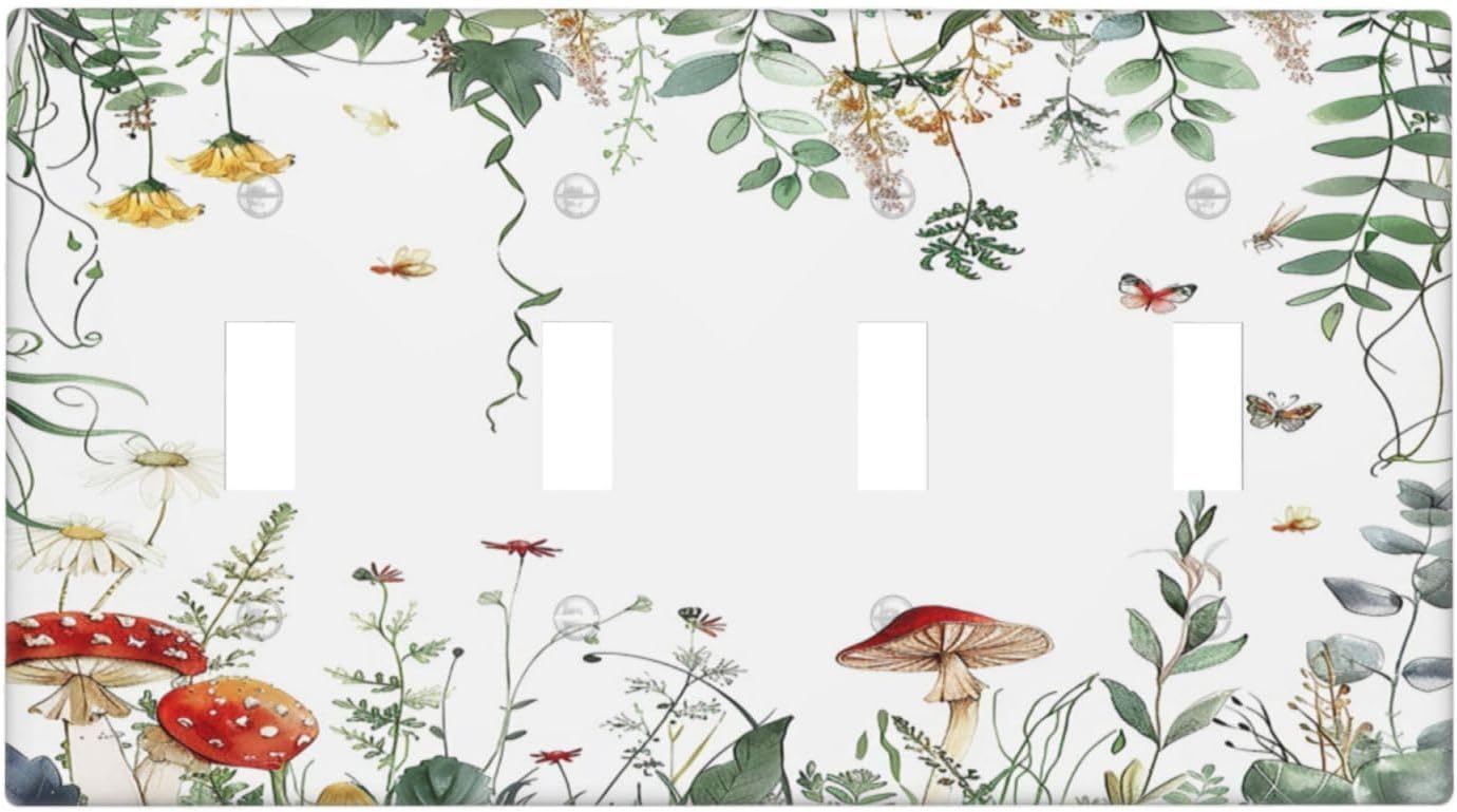 Light Switch Covers Sage Plant Red Mushroom Butterfly Wild Flower Quad Toggle Electrical Faceplate 4 Gang Wall Plate Decorative Switch Plates For Bed Room Kids Room Decor
