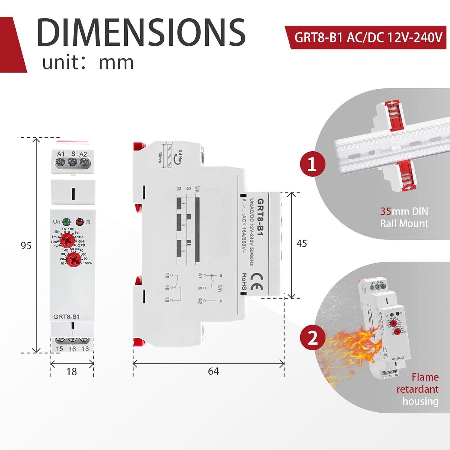 Delay Off Time Relay 16A Adjustable Smart Relay GRT8-B1, Delay Turn Off Electronic Timer in Din Rail, 0.1s-10 Days Wide Range Delay Factory Automation Time Universal Voltage AC DC 12V-240V
