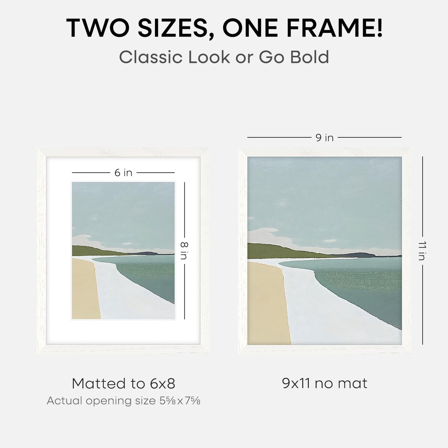 Homeforia 9x11 Frame White Wood, High End Oak 9 x 11 Picture Frames with Mat 6 by 8 Print, 9by11 White Wooden Frame Matted to 6x8 inch Photo, Wall or Tabletop Frames, Tempered Glass, Wall Kit, Set of 1