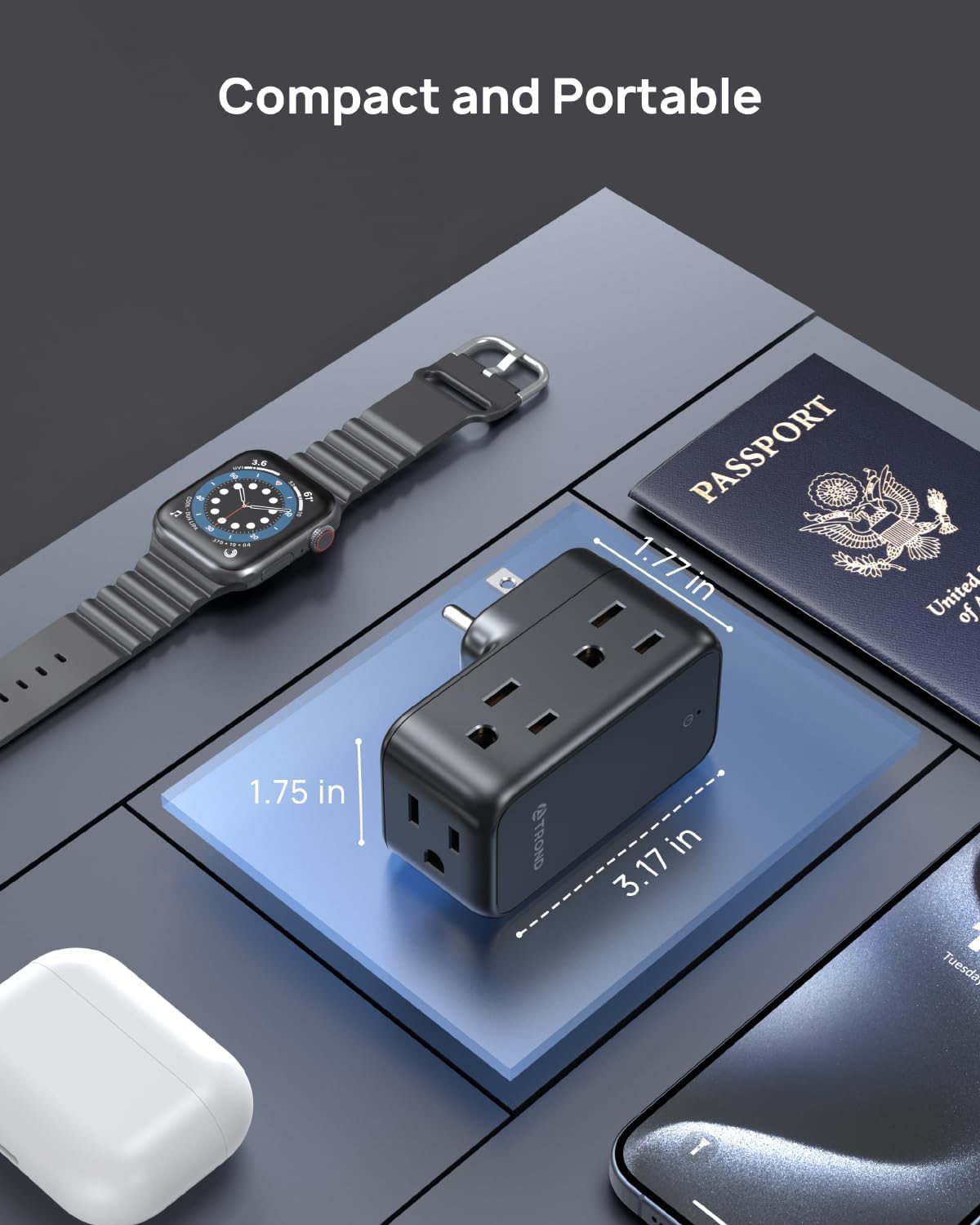 TROND Outlet Adapter with 360 Rotating Plug, 6 AC Outlet Extender, Turn One into Multiple Sideways Plug Splitter, Black Wall Power Adapter Goes Well with Dark Wall Decor, Suit for Garage Room